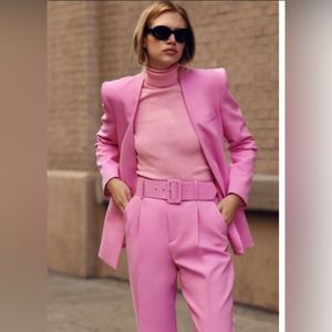 ZARA SUIT LAPELLESS FITTED BLAZER AND PANTS WITH FABRIC-COVERED BELT collarless